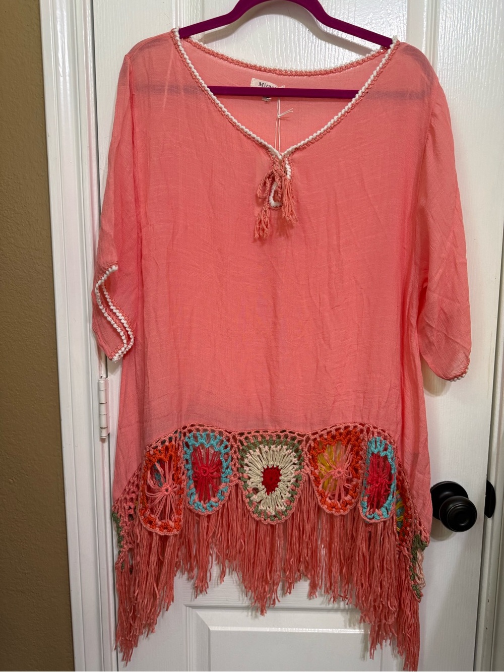 NWT Miracle S M pp21 Coral Boho colorful Crochet accents Fringe Tunic Top - Picture 2 of 10